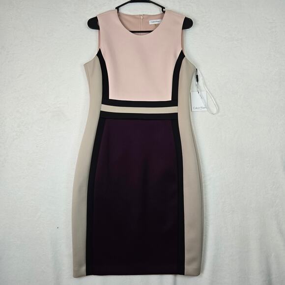 Calvin Klein Color Block Sheath Dress Womens 10 Knee Length Sleeveless 0679 - Picture 2 of 10